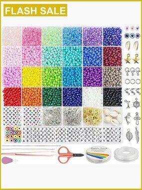 3400pc Glass Seed Bead Bracelet Making Kit with Letter Beads, Charms, Elastic